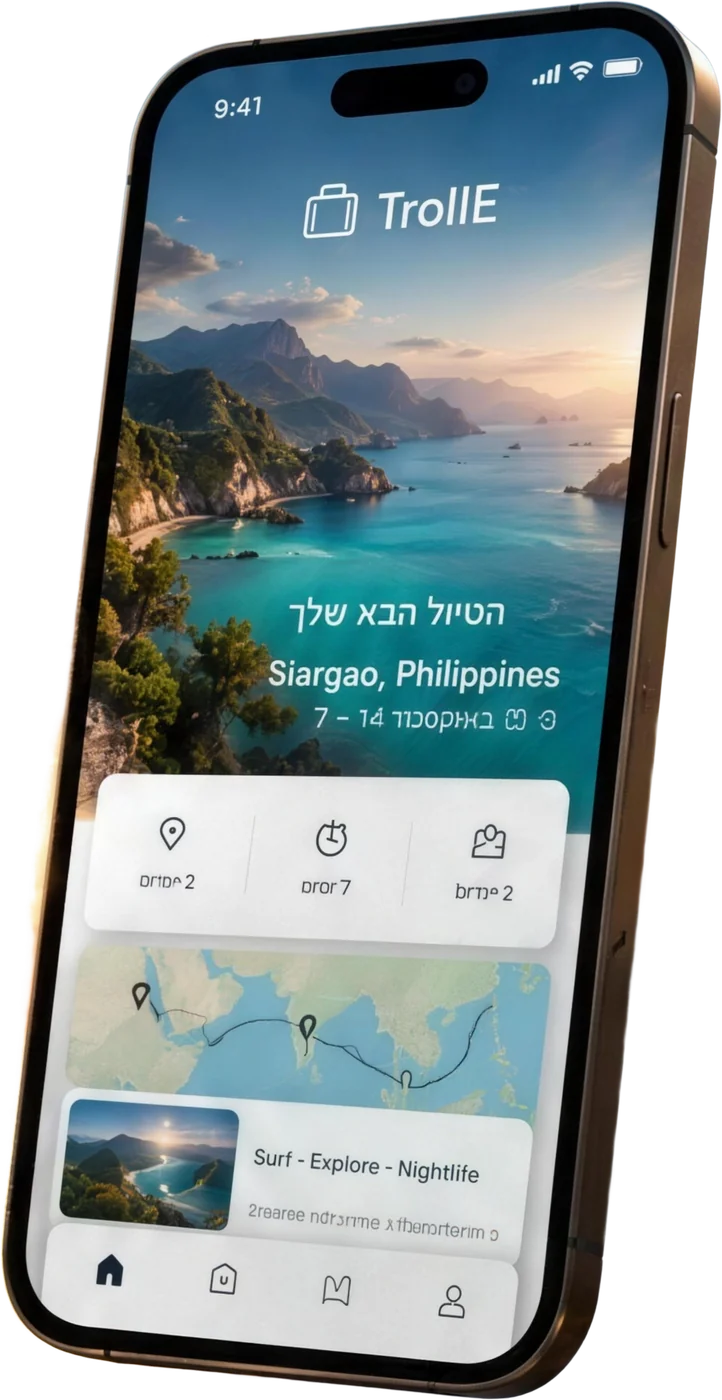 אפליקציית TrollE בטלפון: הטיול הבא שלך — Siargao, Philippines, 7–14 באוקטובר, עם מפת המסלול